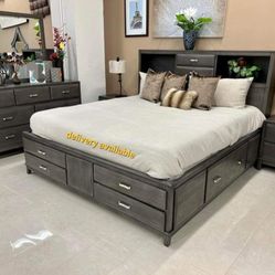 New/ Gray Bookcase Storage Platform  Bedroom Set/ Dresser,mirror, Nightstand, Bed/Queen And King Size Available/Mattress Sold Separately 