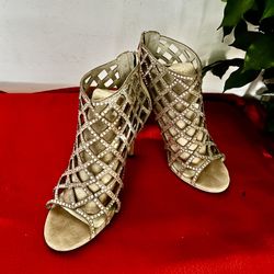 MK size 10 Tan Rhinestone Embellished suede boot style heels with zippered back  open toe