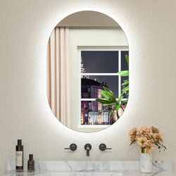 24 x 36 Inch Oval LED Mirror Backlit Mirror Bathroom Pill-Shaped 3 Colors Warm/White/Natraul Lighted Vanity Mirror with Lights Pill Type Anti-Fog Dimm