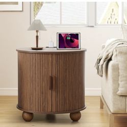 24" Large Round End Table with Charging Station, Farmhouse Fluted Sofa Side Table with Sliding Tambour Door & Storage, Mid-Century Wood Nightstand for