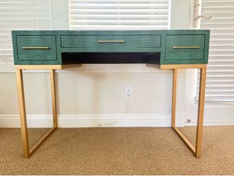 Modern Green Faux Crocodile Writing Desk / Vanity Desk with Gold Metal Legs