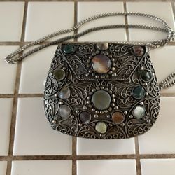 VINTAGE SAJAI METAL CROSSBODY PURSE SILVER W AGATE STONES