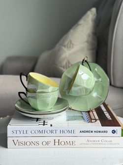 Vintage Green Teacups Art Deco Lusterware Set Porcelain Tea Cup