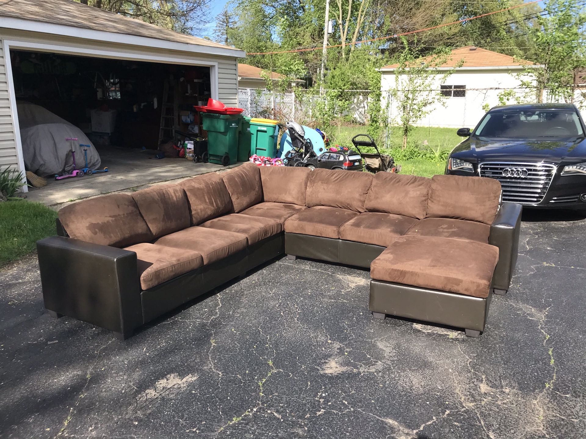 Leather and fabric brown couch L shaped large / sofa l shape / sectional 3 pieces / with ottoman