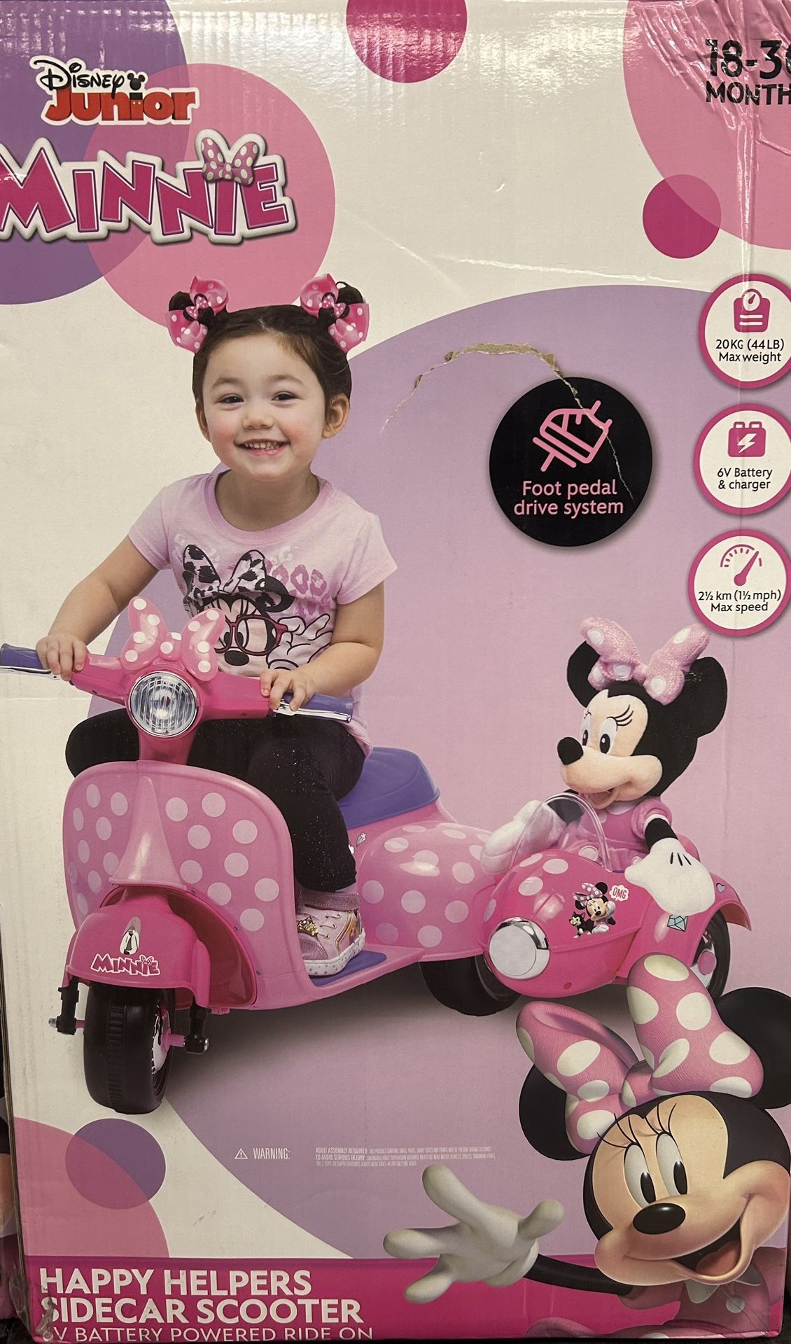 6V Disney Minnie Mouse Happy Helpers Scooter with Sidecar Ride-On Toy by Kid Trax,