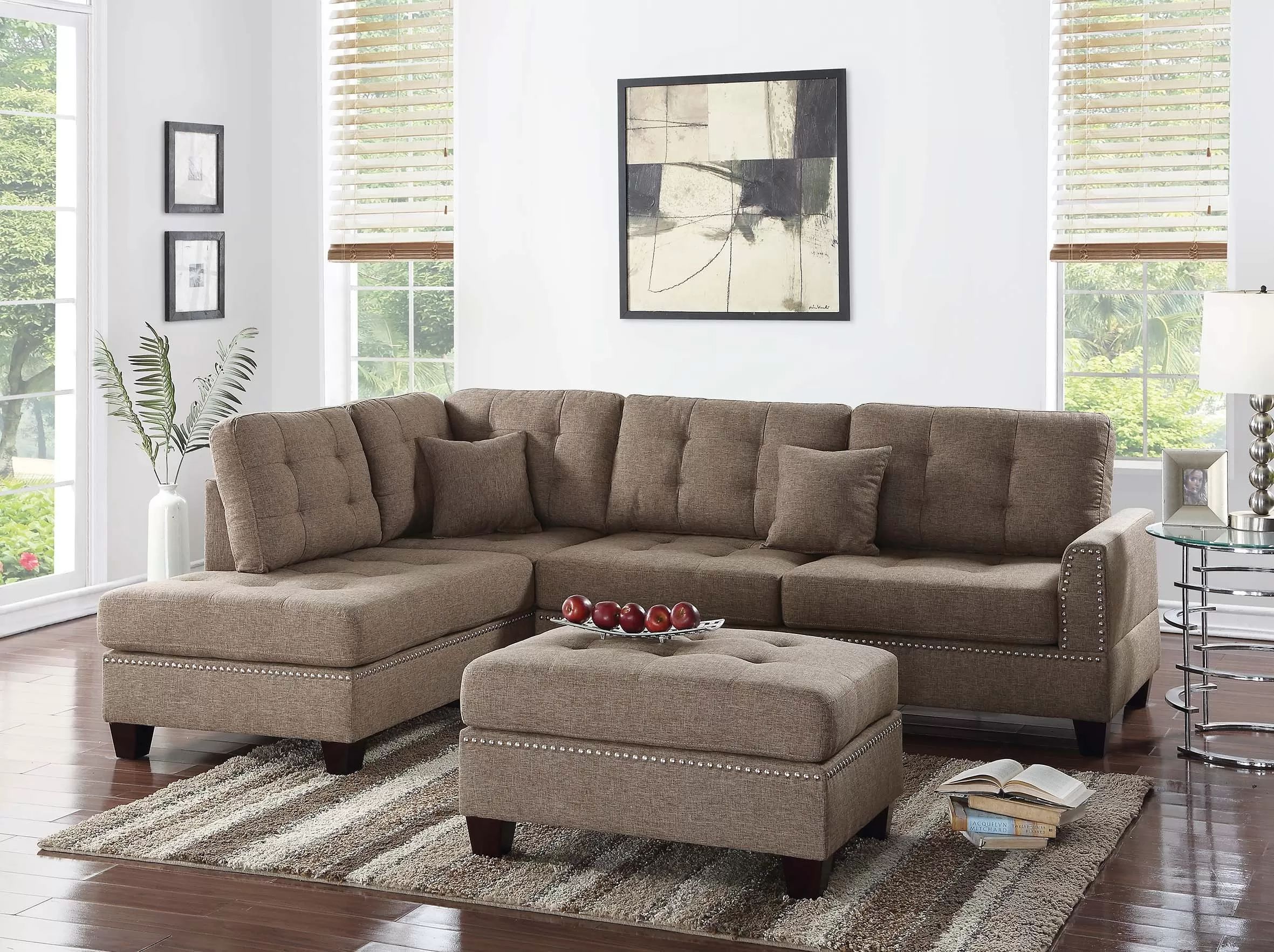 Brand new brown linen reversible sectional + ottoman and nail studs (104" x 75" x 35"H)