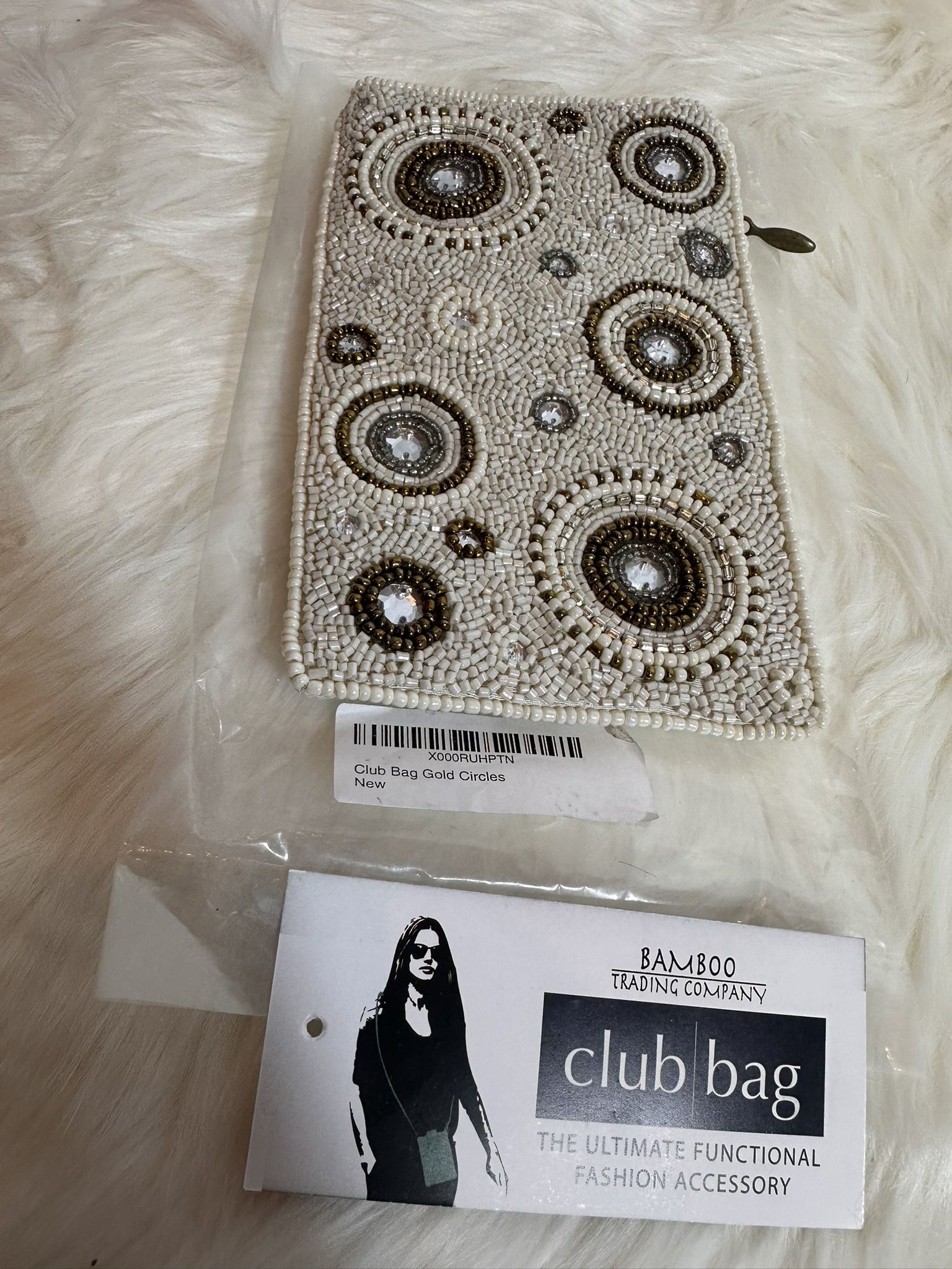 New: Bamboo Trading Co. Women's White Gold Beaded Crossbody Mini Bag/Wristlet