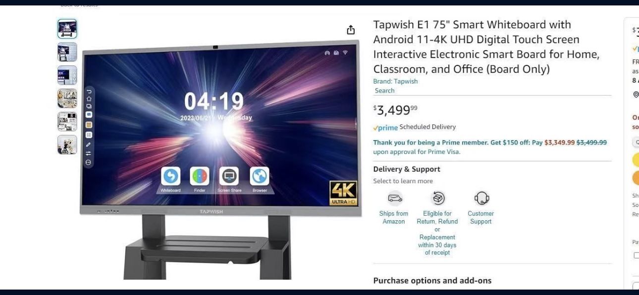 75” Smart Whiteboard With Android 11 4k UHD Digital Touch