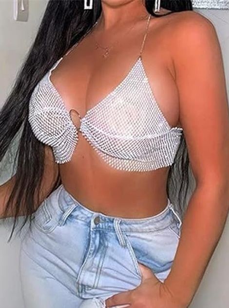 Women Shiny Rhinestones Backless Crop Tops Tank Top Sexy Halter See Through Camisole for Night Out Party Clubwear
