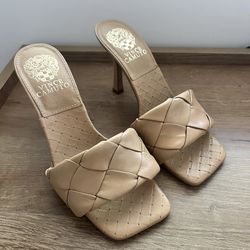 Vince Camuto Nude Woven Leather Mule Heels Square Toe Size 5