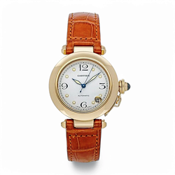 Men's Cartier Pasha Arabic Numeral Watch with Brown Leather Band and White Dial. (Pre-Owned)