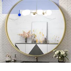 New in box 36 in. W x 36 in. H Large Round Metal Framed Modern Wall Mounted Bathroom Vanity Mirror in Brass Gold