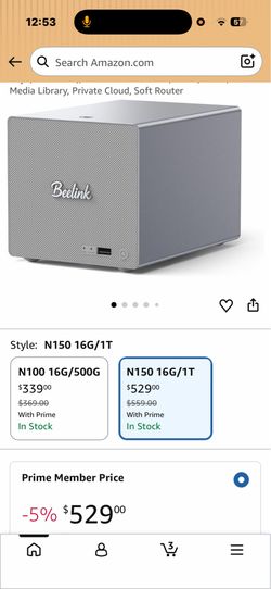 Beelink Me Pro, Mini PC NAS, Intel N150 CPU, 16GB LPDDR5, 1TB SSD, 3*M.2 PCIe3.0 SSD Slots + 2*HDD Bays(MAX 72TB), 5G + 2.5G Dual LAN/WiFi6/BT5.4, 4K 