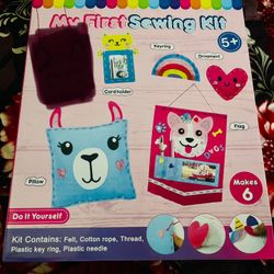 My first sewing kit One item made -I have blackened the item made.  All the other items are available  Great kit for teaching kids to learn life skill