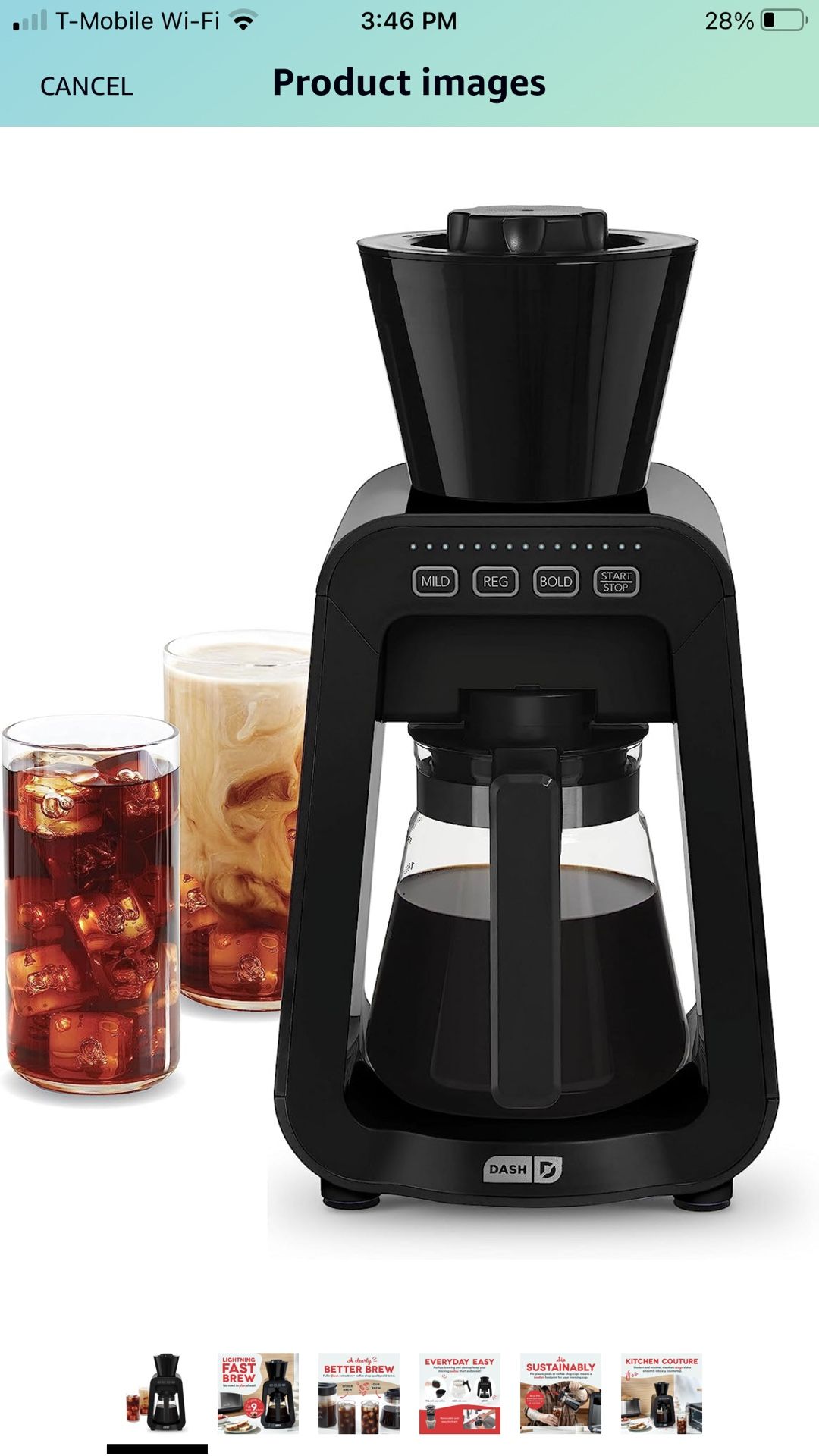 DASH Rapid Cold Brew Maker with VacuPress™ Technology with Glass Carafe for 40 Ounces of Instant Fresh Cold Brew Coffee or Iced Tea