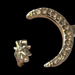 All Silver & Rhinestones Moon & Star Ring
