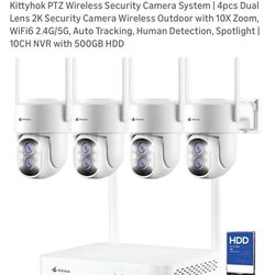 Kittyhok PTZ Wireless Security Camera System | 4pcs Dual Lens 2K Security Camera Wireless Outdoor with 10X Zoom, WiFi6 2.4G/5G, Auto Tracking, Human D