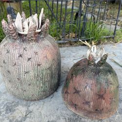 Vintage Pair Of Cactus Garden Decor Handmade Pottery, Cactus Outdoor Art Cacti Statues Garden Decor 