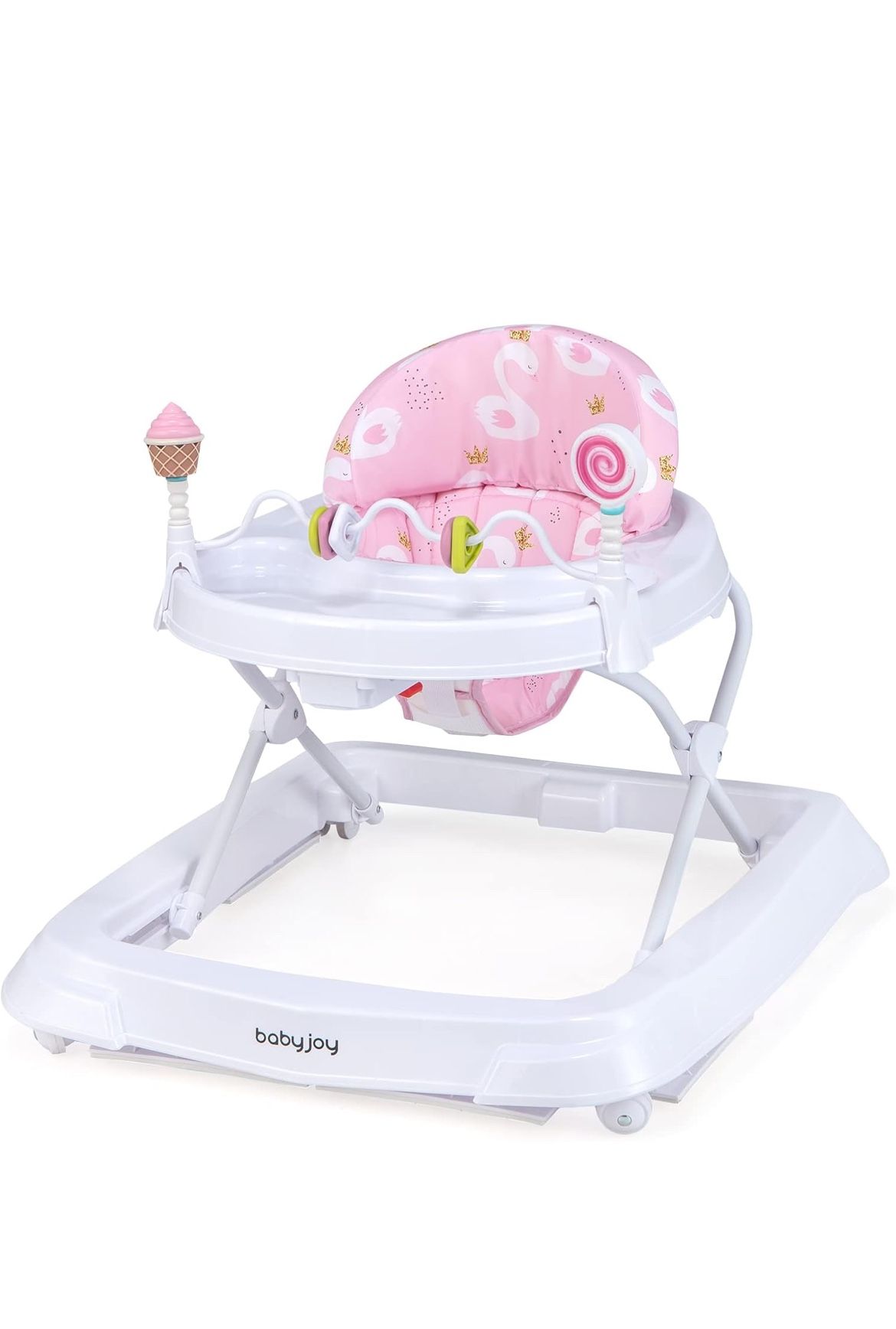 BY JOY Baby Walker, Foldable Activity Walker with Adjustable Height, Baby Activity Walker with High Back Padded