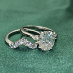 VVS D Moissanite Oval Engagement Ring Set 925 Sterling Silver Chevron Band Bride