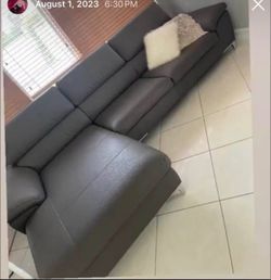 Gray Leather Sectional Sofa with Chaise