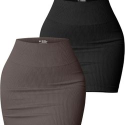 BRAND NEW OQQ Women's 2 Piece Skirts Basic Versatile Stretchy Ribbed Casual High Waist Mini Skirt Blk Tea Leaf Size L  