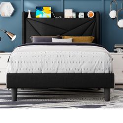 Feonase Twin Size Bed Frame with Charging Station, Upholstered Linen Platform Bed Frame with Wingback Headboard, Solid Wood Slats Support, No Box Spri