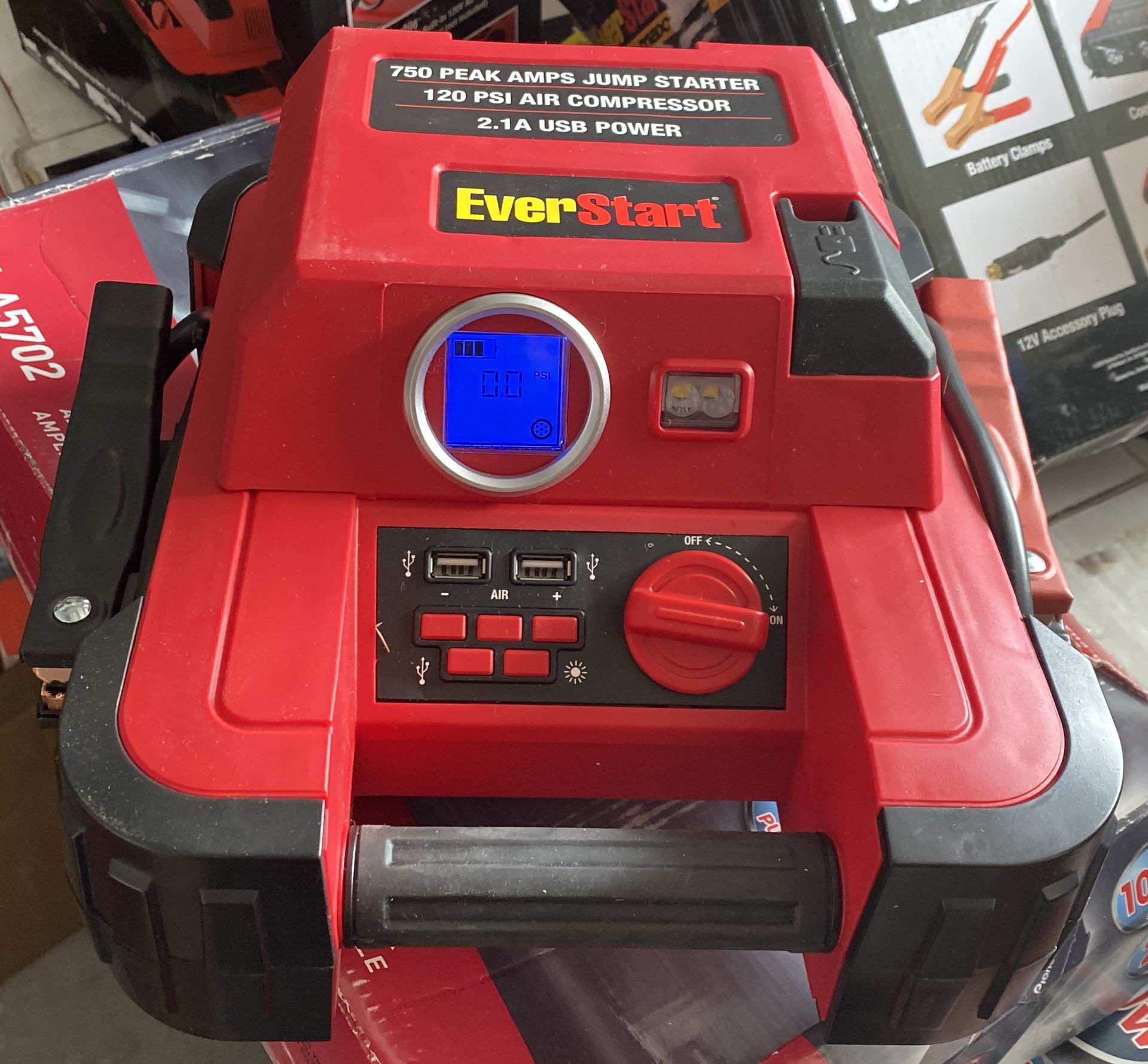 The EverStart 750 Peak Amp Jump Starter with Compressor features 375 amps (Open to Trades)