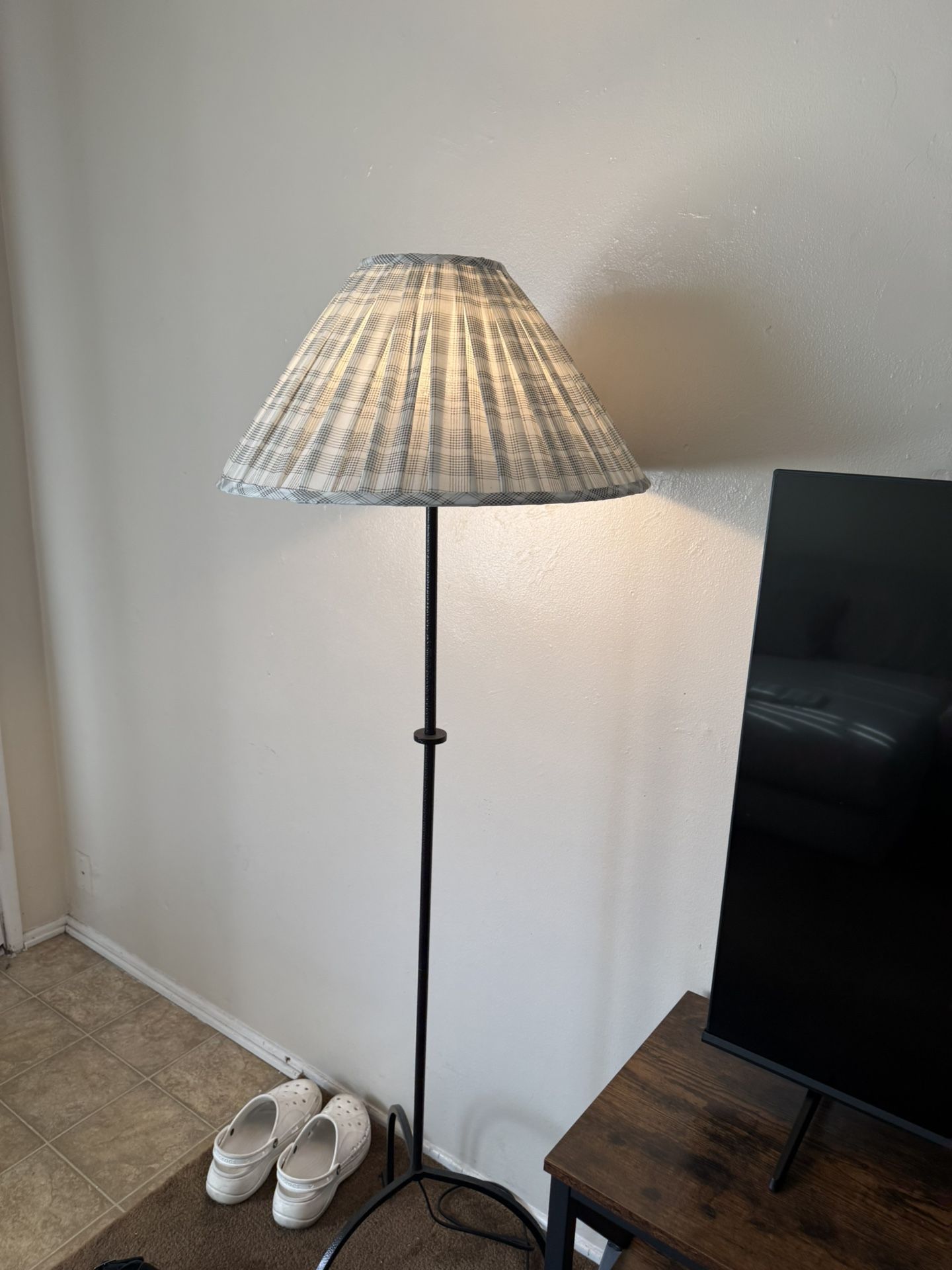 Metal Floor Lamp With Green Plaid Shade (selling As A Pair)