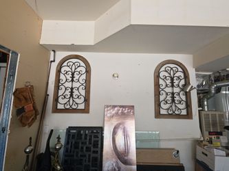 Two-piece metal and wood wall decor interior exterior