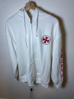 Pre owned Chrome Hearts White Zip-Up Hoodie Red Cross Logo Sleeve Print Oversized Fit size M