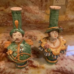  (2) Exquisite Ceramic Maiolica (Majolica) Candle Holders Of A Lady And A Gentleman, Alessi Caltagirone. Crafted By The Master Himself Giacomo Alessi.