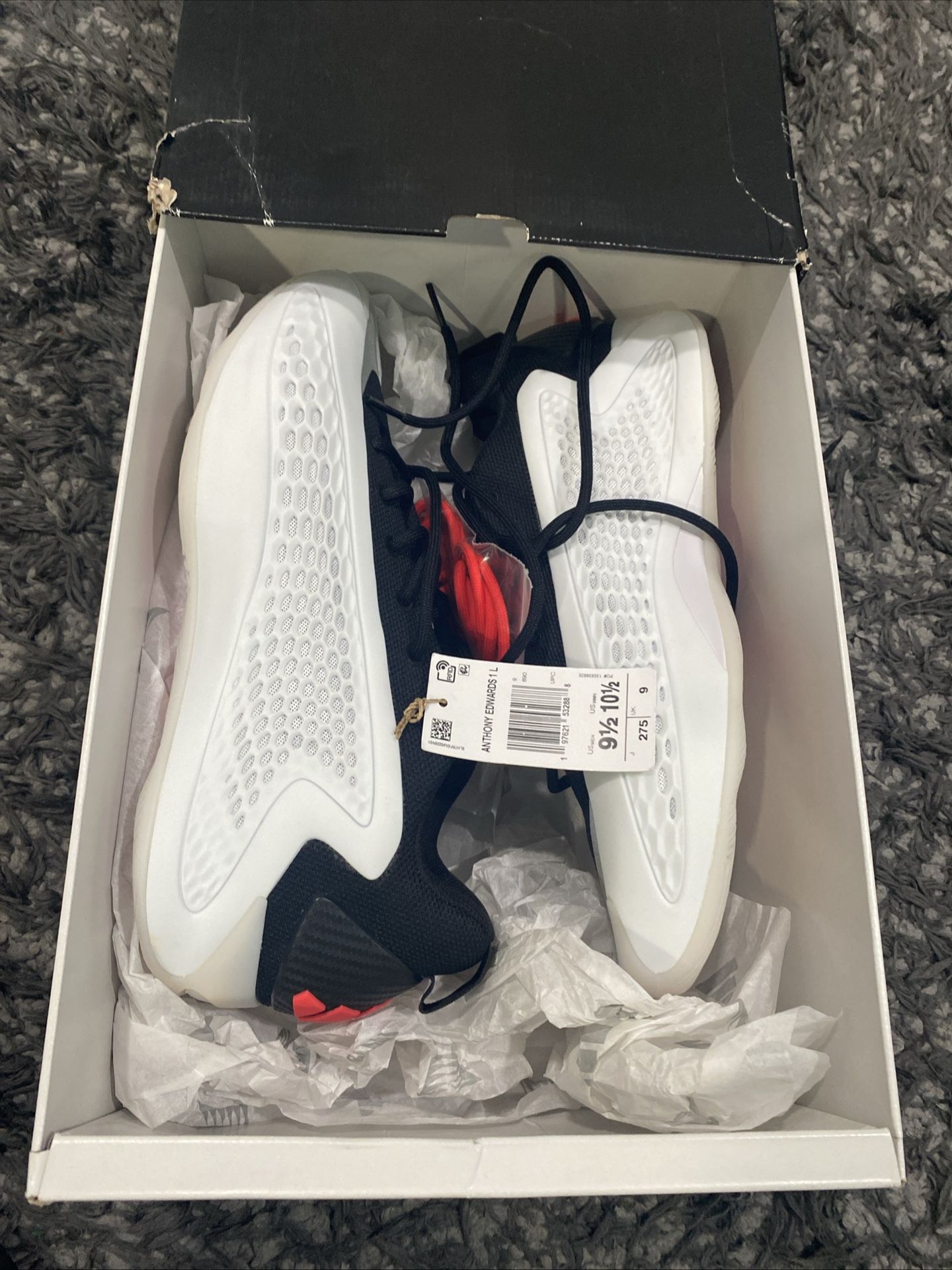 adidas Anthony Edwards 1 Low Size 9.5 White/Black Basketball Sneakers JQ6140