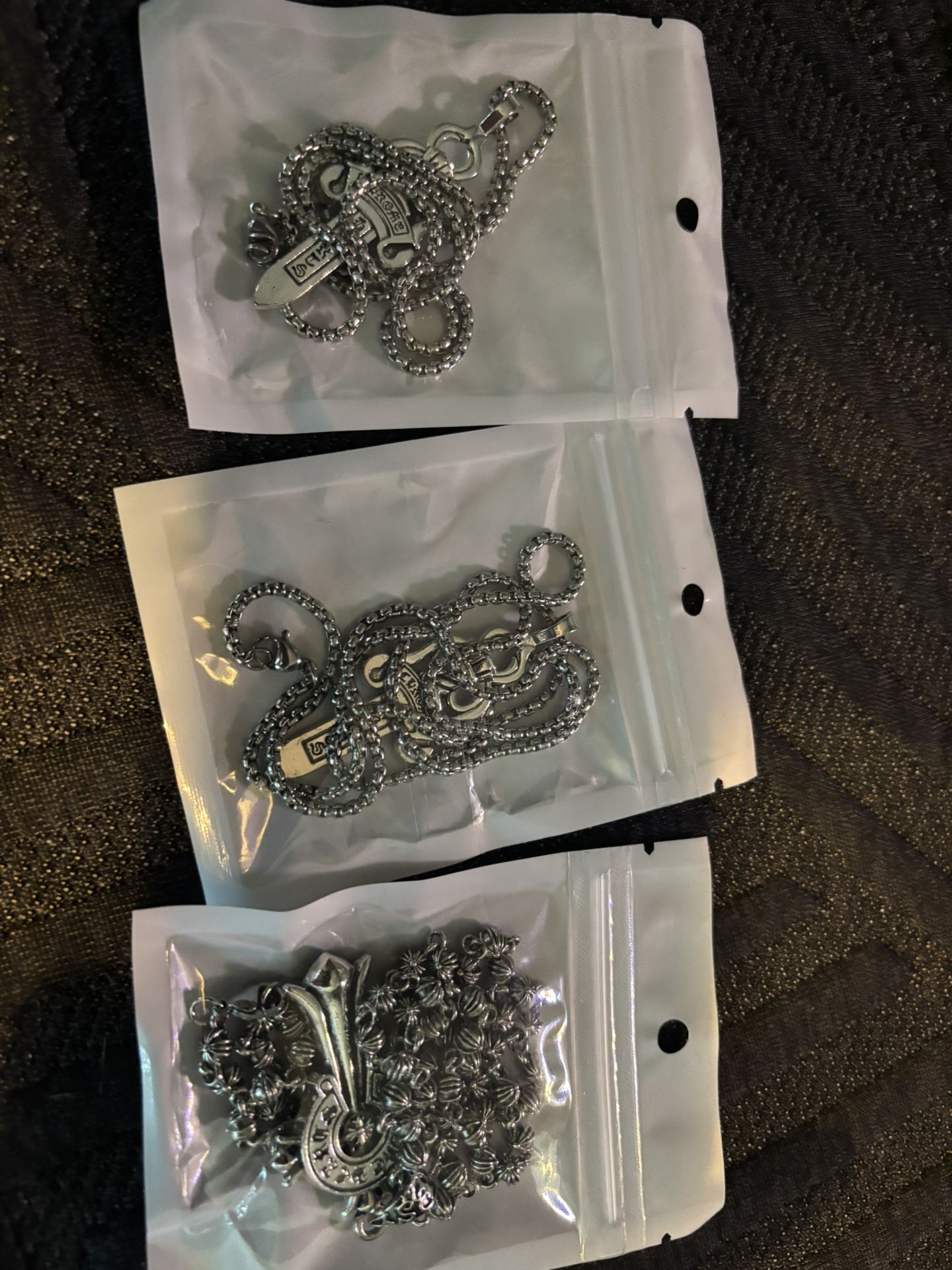 3pc Brand New Chrome Heart Necklace & Pendant, Cross, & Dagger
