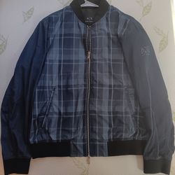 Armani Exchange Mixed Media Blue Tartan Bomber Jacket 