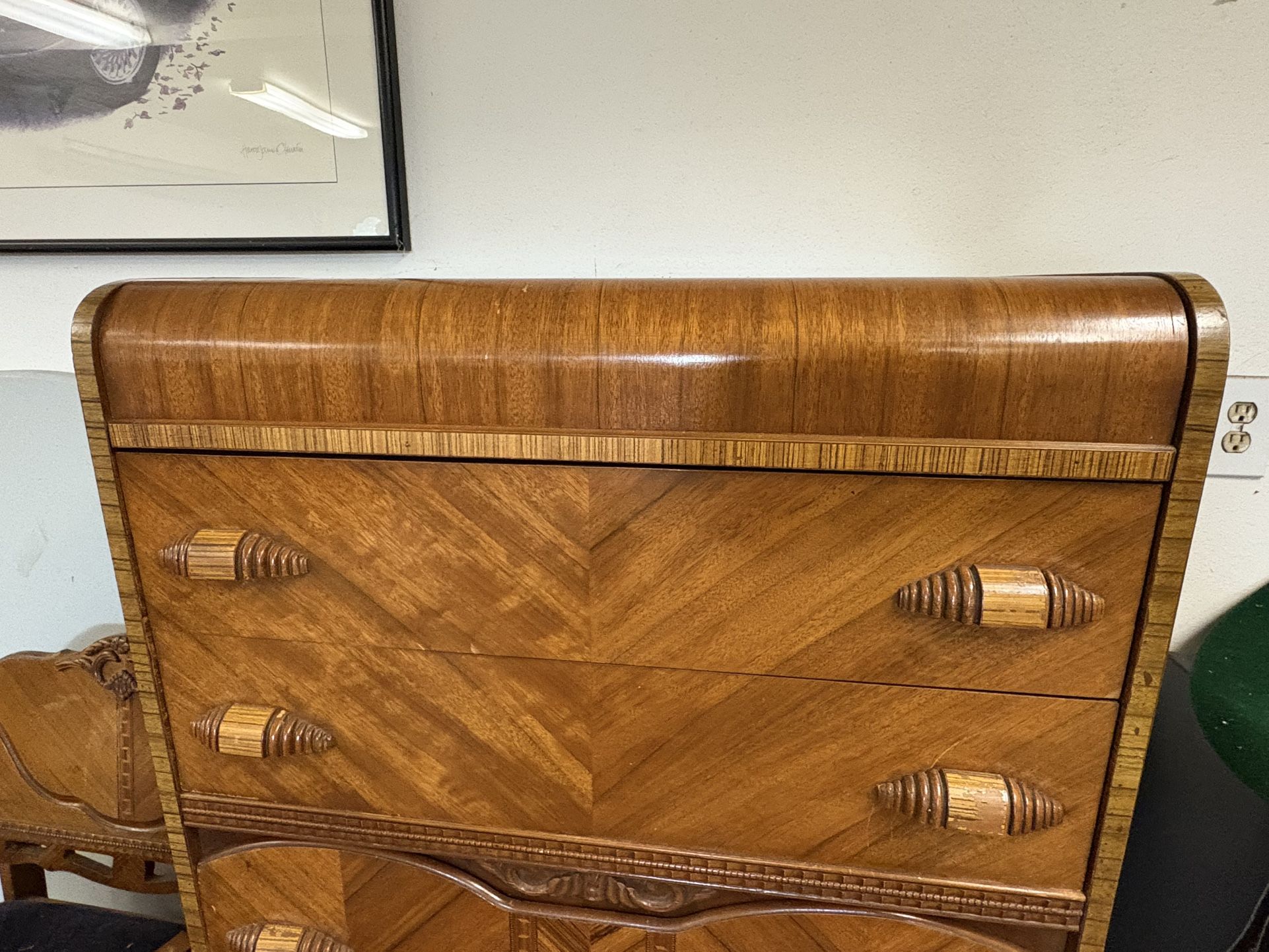 Art Deco Antique Waterfall 4 Piece Set 2 Dressers, Side Table/ Nightstand, Chair