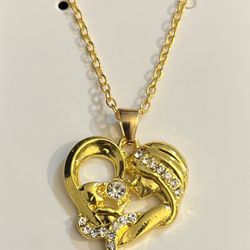 New 19” Necklace with Mother and Baby inside Heart Shaped Pendant - gold tone