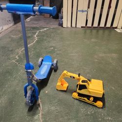 Kids  toys For sale. Blue Scooter/toy excavator good Used Condition. 