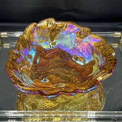 Vintage Marigold Carnival Indiana Glass Blackberry Triangular Candy Nut Dish Bow