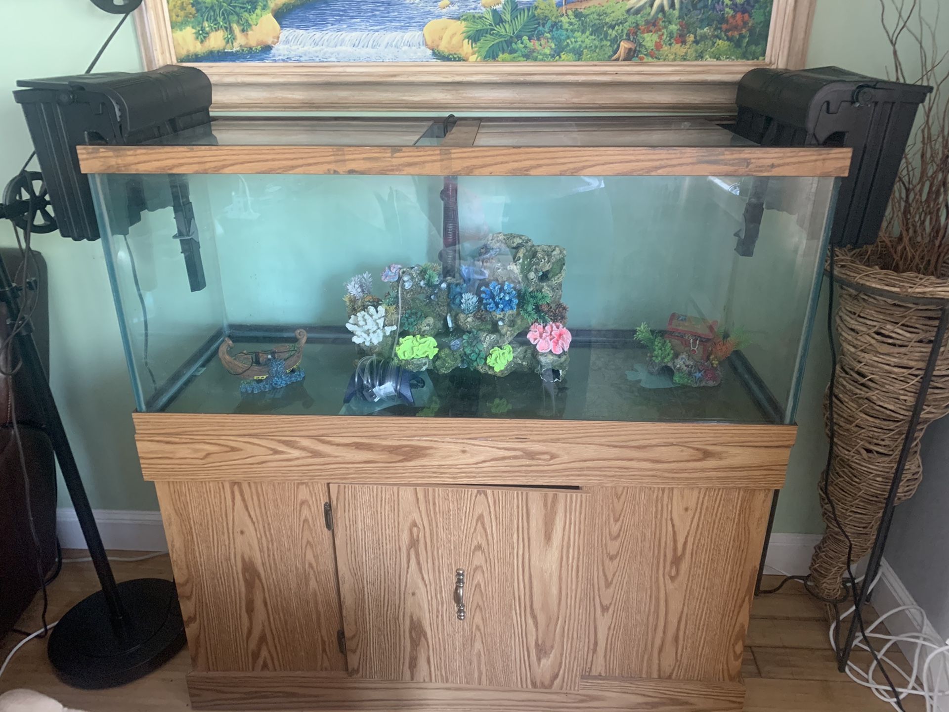 Full 75 gallon aquarium setup with stand,sand, filters, decorations and air pumps