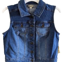 NWT One World Blue Sleeveless Casual Denim Jean Jacket Vest Women's Size Small