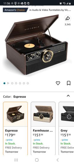 Victrola Empire Mid-Century 6-in-1 Turntable with 3 Speed Record Player, Bluetooth Connectivity, Radio, Cassette and CD Player (Espresso)