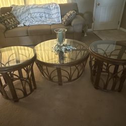 Wicker Coffee Table & 2 End Tables 