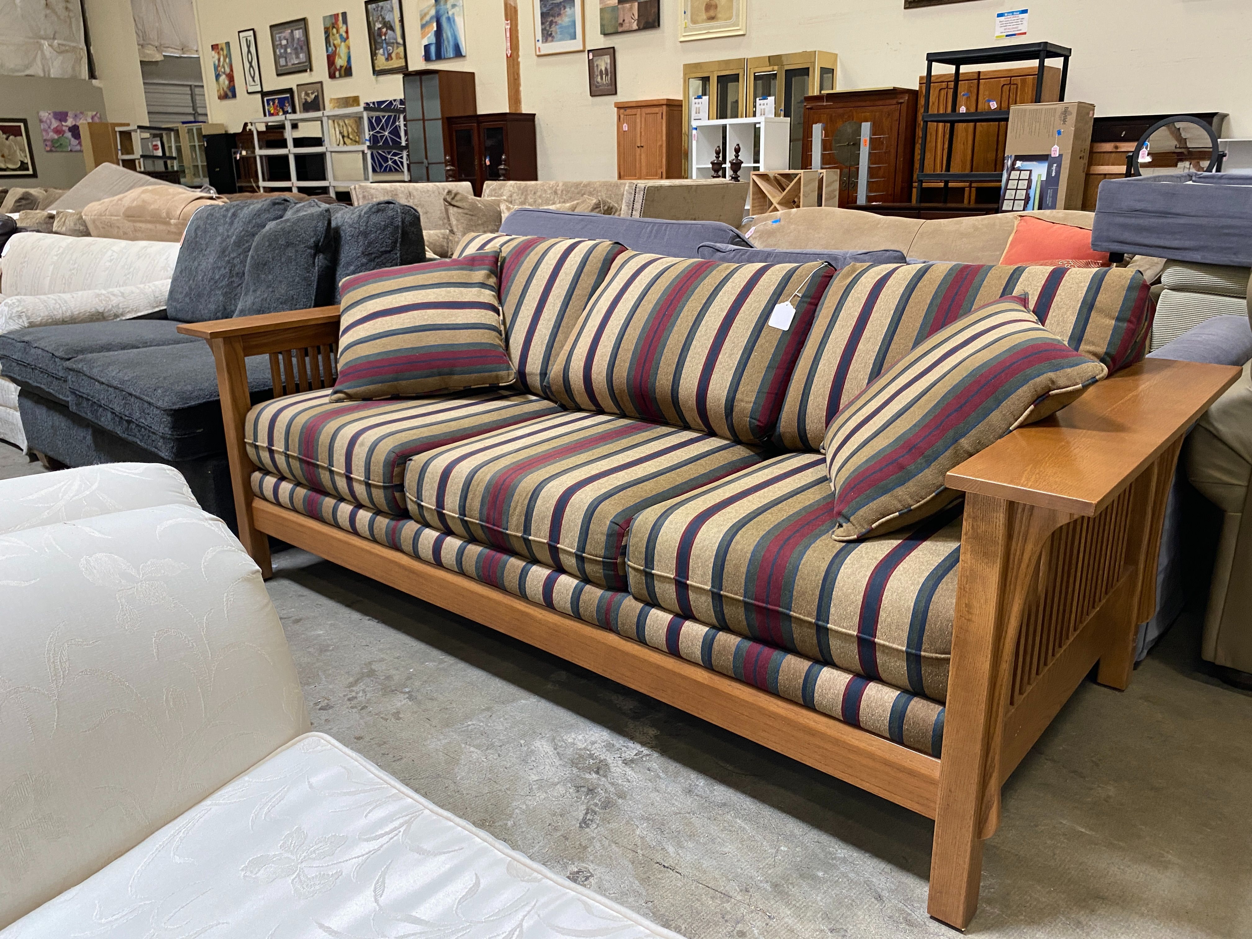 BASSETT Mission Style Wood Framed Stripe Cushion Sofa