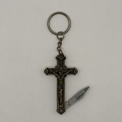 Vintage Crucifix Folding Knife Keychain – Religious Pocket Souvenir – Preowned
