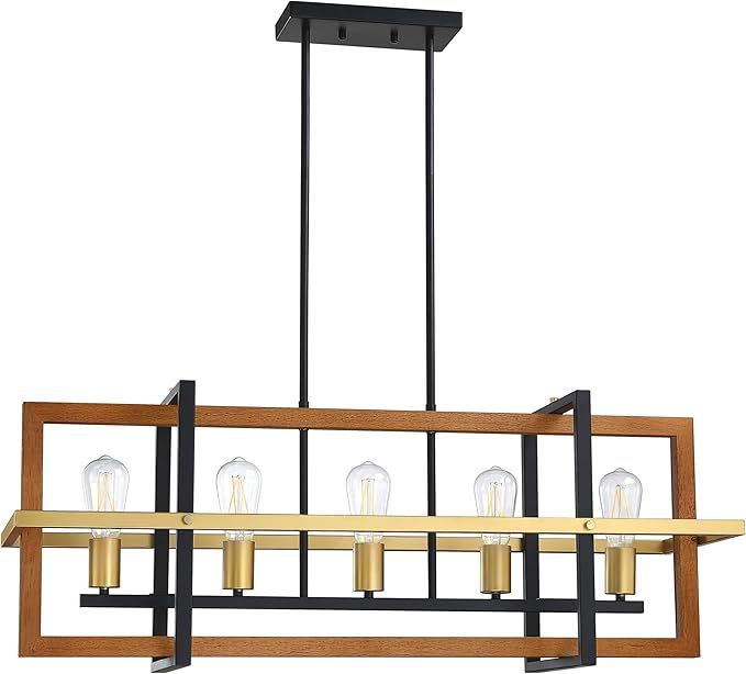 5 Light Farmhouse Adjustable Natural Pine Wood Gold Chandelier Pendant Ceiling Light Fixtures Black FinishRustic 159