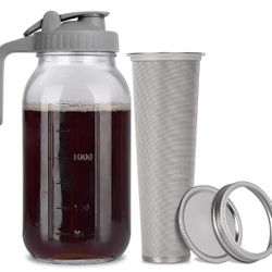 New Cold Brew Mason Jar iced Coffee Maker, Durable Glass, 64 oz (2 Quart / 1.9 Liter), With Handle& Stainless Steel Filter for Iced Brew Coffee, Lemon