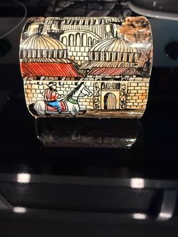 Vintage Hand-Painted Turkish Camel Bone Ring Box, Miniature 2" Stamp Coffer with Secret Hidden Compartment, Istanbul Souvenir Folk Art