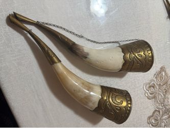 Vintage Handcrafted Natural Horn Drinking Horns w/ Ornate Brass Mounts – Pair
