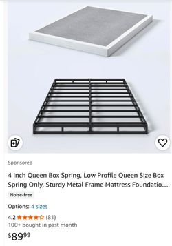4 Inch Queen Box Spring, Low Profile Queen Size Box Spring Only, Sturdy Metal Frame Mattress Foundation, Easy Assembly, Noise-Free